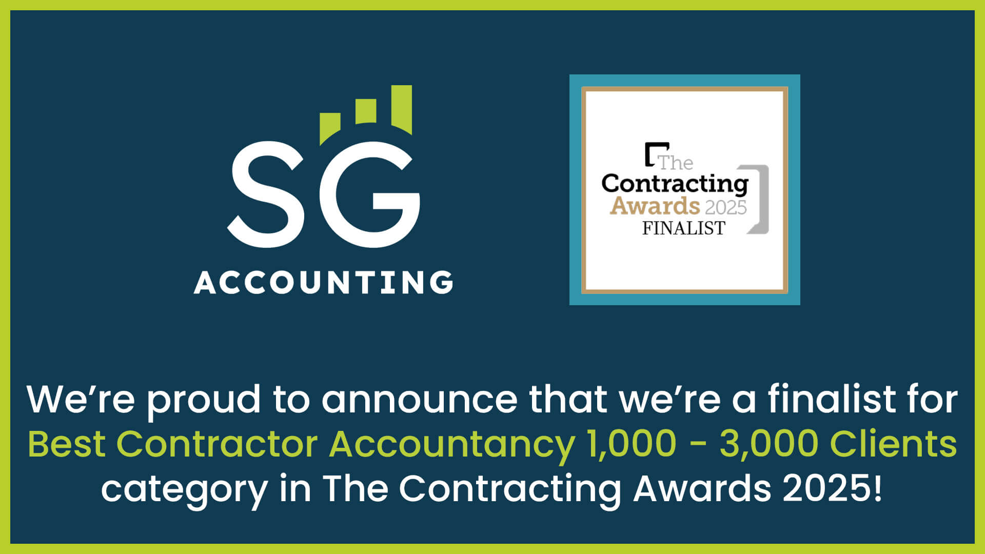 SG Accounting team celebrates Runner-Up recognition at the 2025 Contracting Awards for Best Contractor Accountant in the UK.