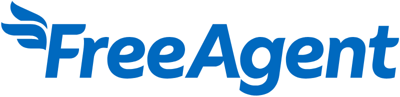 FreeAgent logo in blue featuring a wing-like emblem to the left of the wordmark