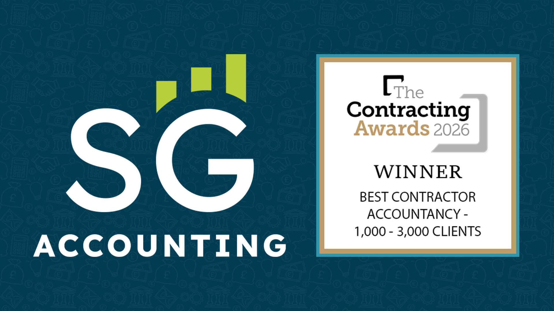 SG Accounting logo on the left with a framed award on the right reading ‘The Contracting Awards 2026’ and ‘Winner – Best Contractor Accountancy.’